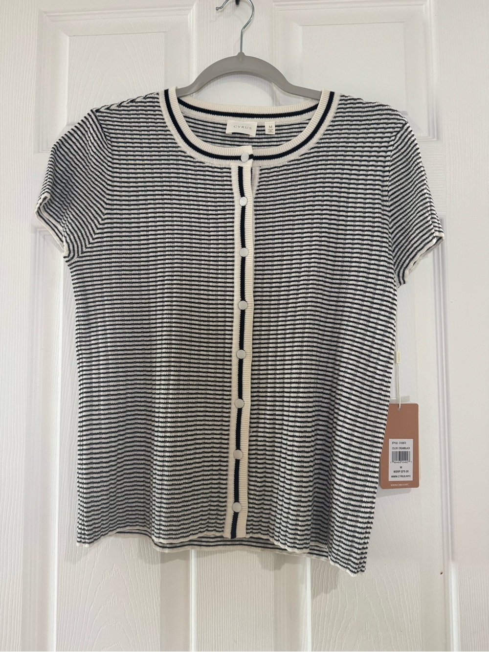 Knit Black & White Striped Short-Sleeve Button Top